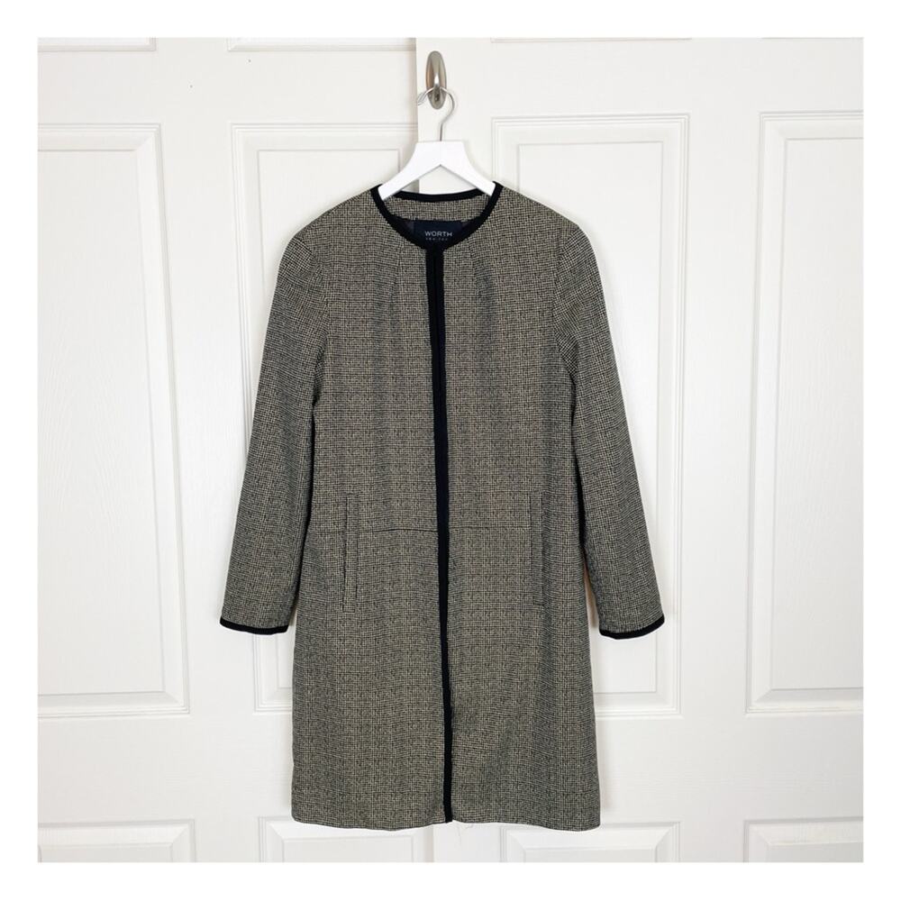 WORTH New York Gold Black Metallic Tweed Collarless Long Jacket Evening Sz L